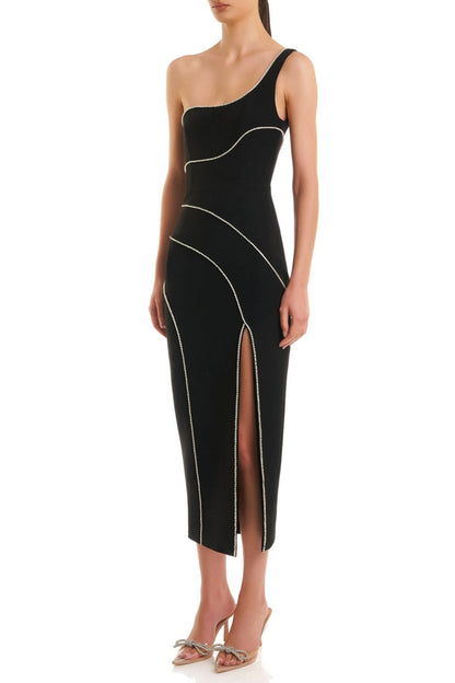 Zoraida Diamante One Shoulder Split Midi Bandage Dress