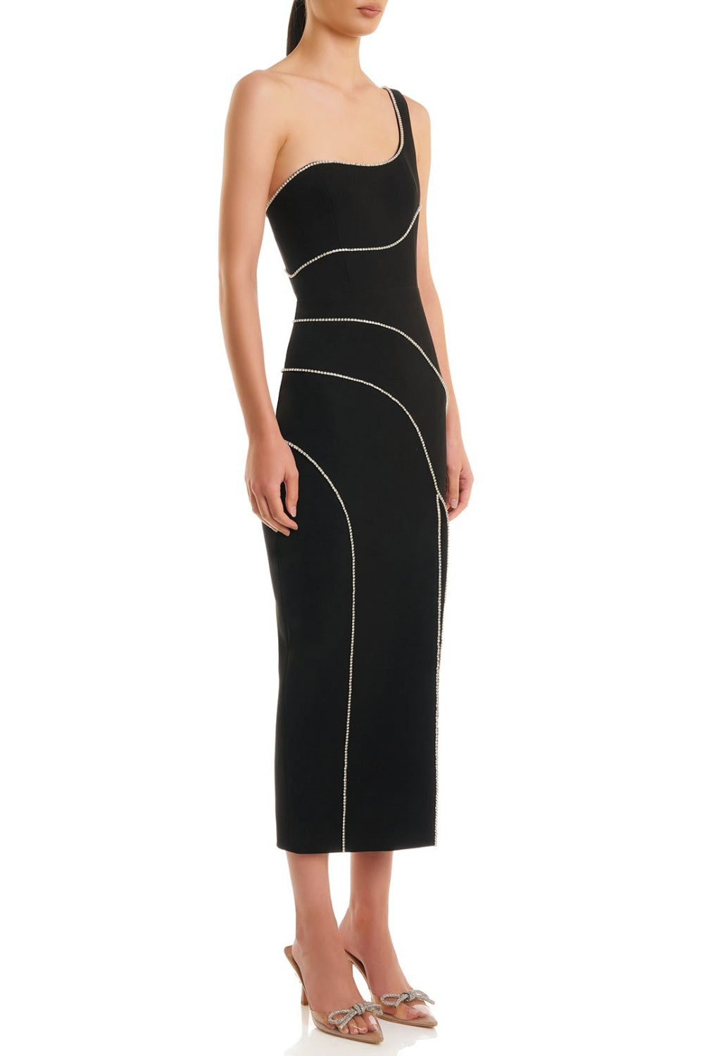Zoraida Diamante One Shoulder Split Midi Bandage Dress