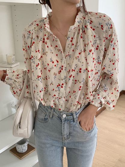 Adela Vintage Floral Print Crew Neck Blouse-Black