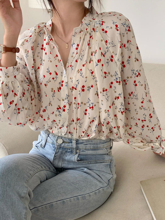 Adela Vintage Floral Print Crew Neck Blouse