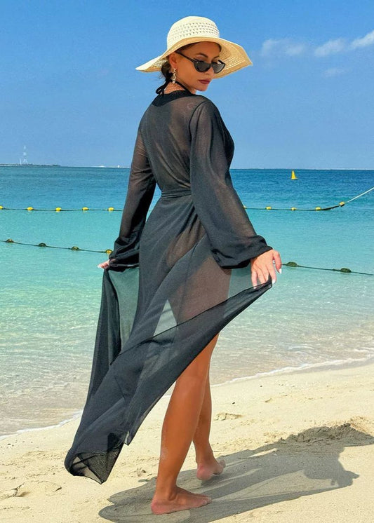 Ocean Mirage - Sheer Black Mesh Long Sleeve Beach Cover-Up