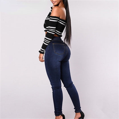 DressBetty - Vintage Skinny Double-Breasted High Waist Pencil Jeans Slim Fit Stretch Denim Pants Full Length Denim Tight