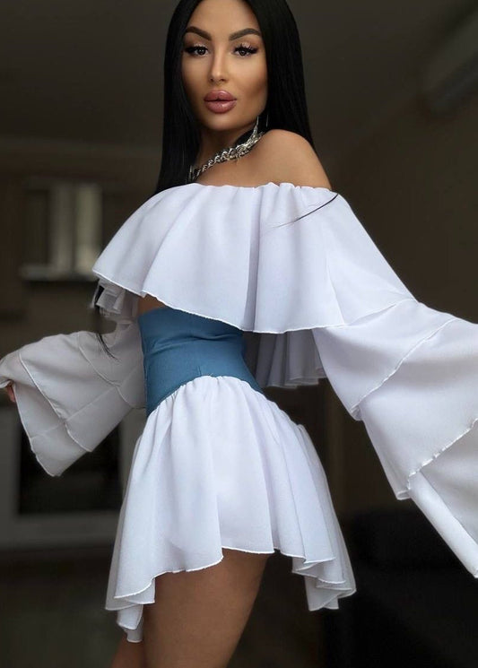 Celestina – Off-Shoulder Ruffle Sleeve Two-Tone Mini Dress