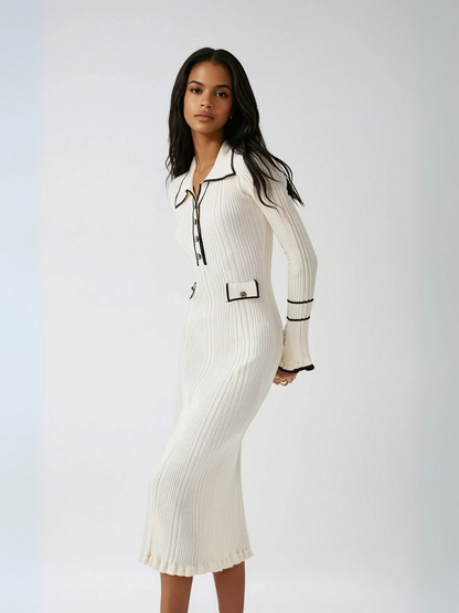 Oldmoney Style Contrast Ruffled Trim Midi Dress