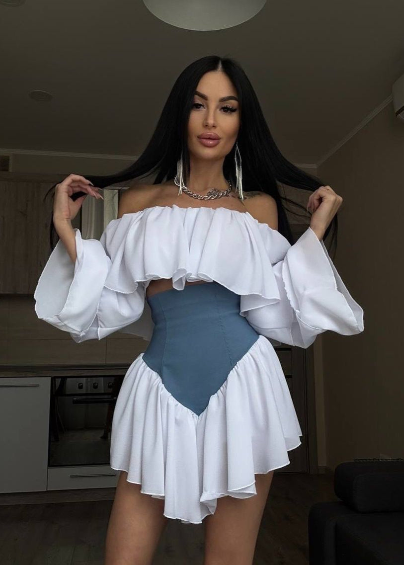 Celestina – Off-Shoulder Ruffle Sleeve Two-Tone Mini Dress