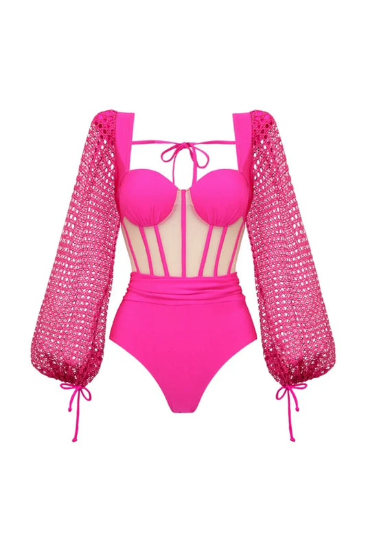 Fluorescent Pink Backless Swimsuit Set