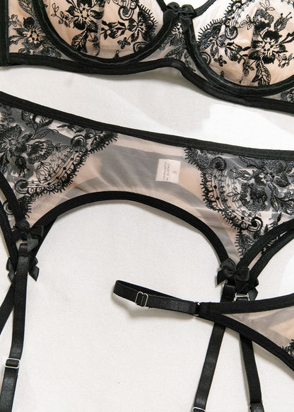 Mireille – Floral Embroidered Lingerie & Garter Belt Set