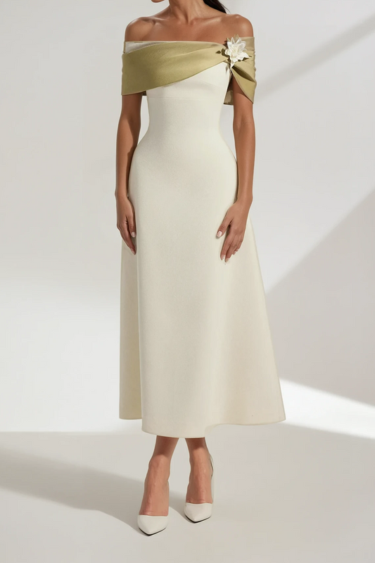 Cicek Floral Appliqué Off Shoulder Midi Dress