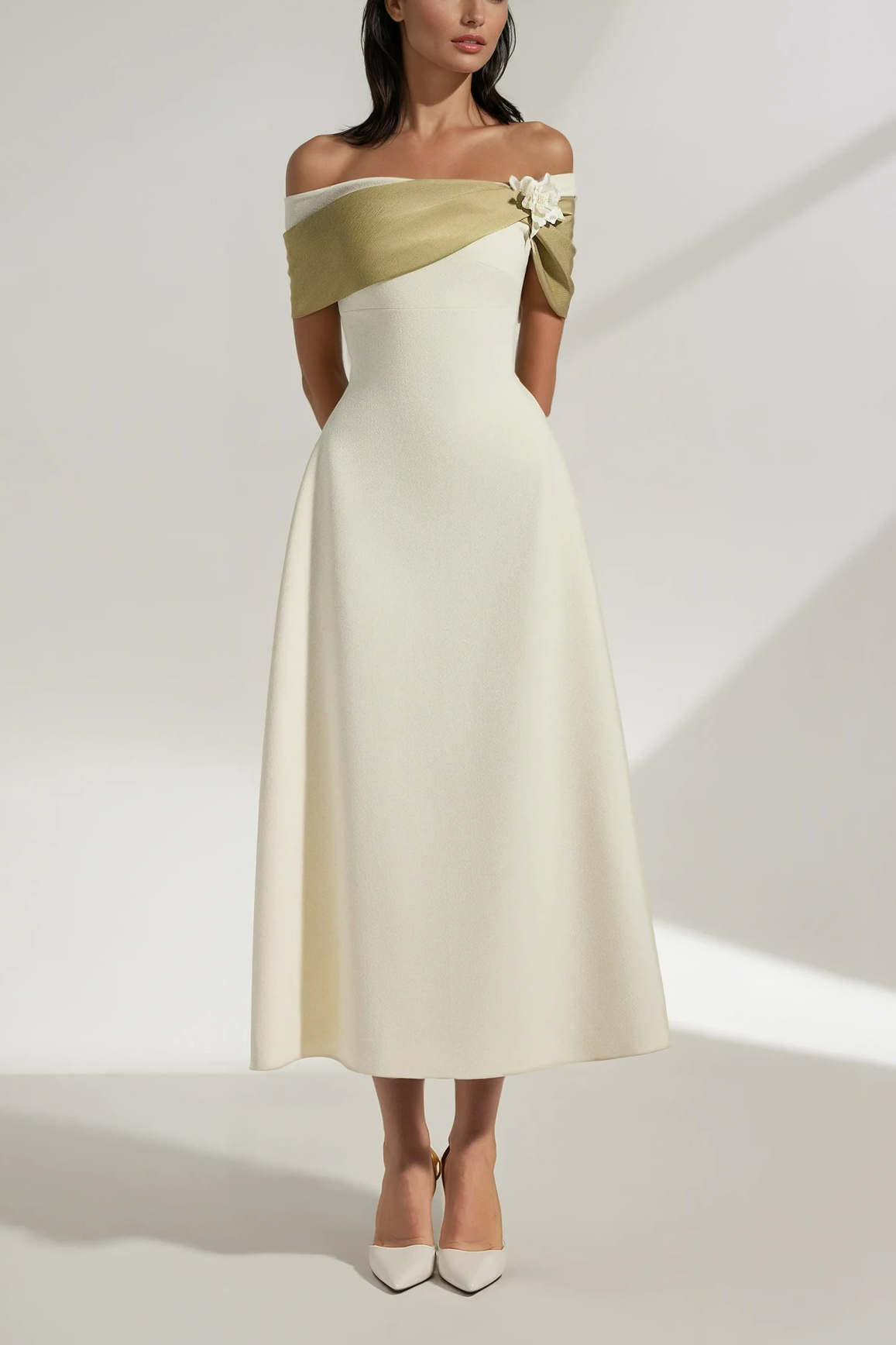 Cicek Floral Appliqué Off Shoulder Midi Dress