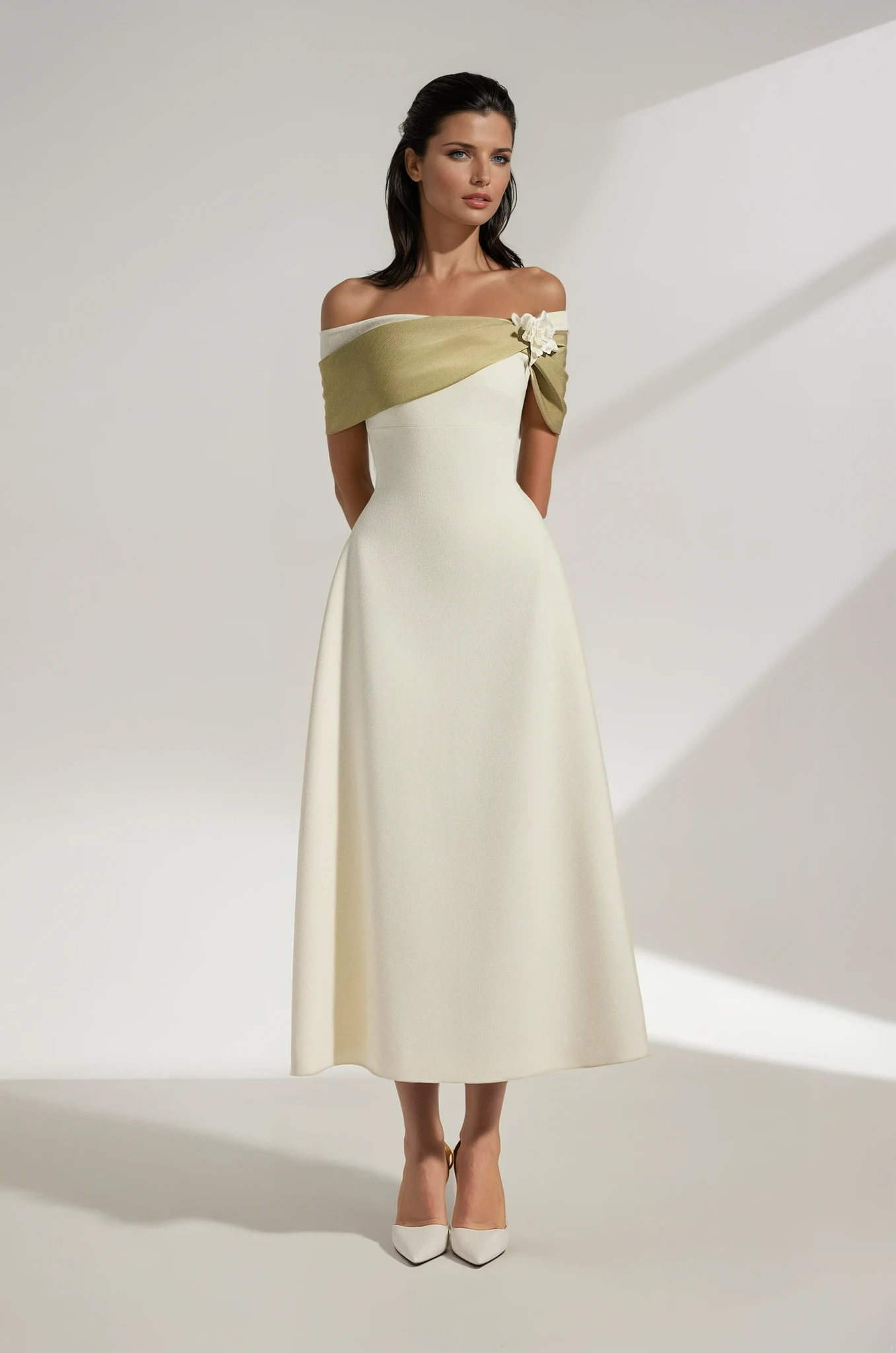 Cicek Floral Appliqué Off Shoulder Midi Dress