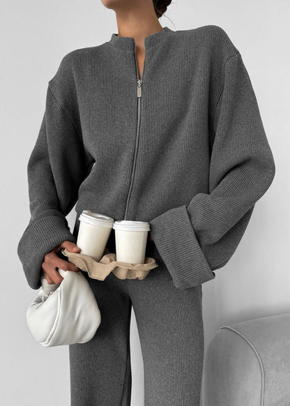 Avery Knit Lounge Set – Zip-Up Jacket and Wide-Leg Pants