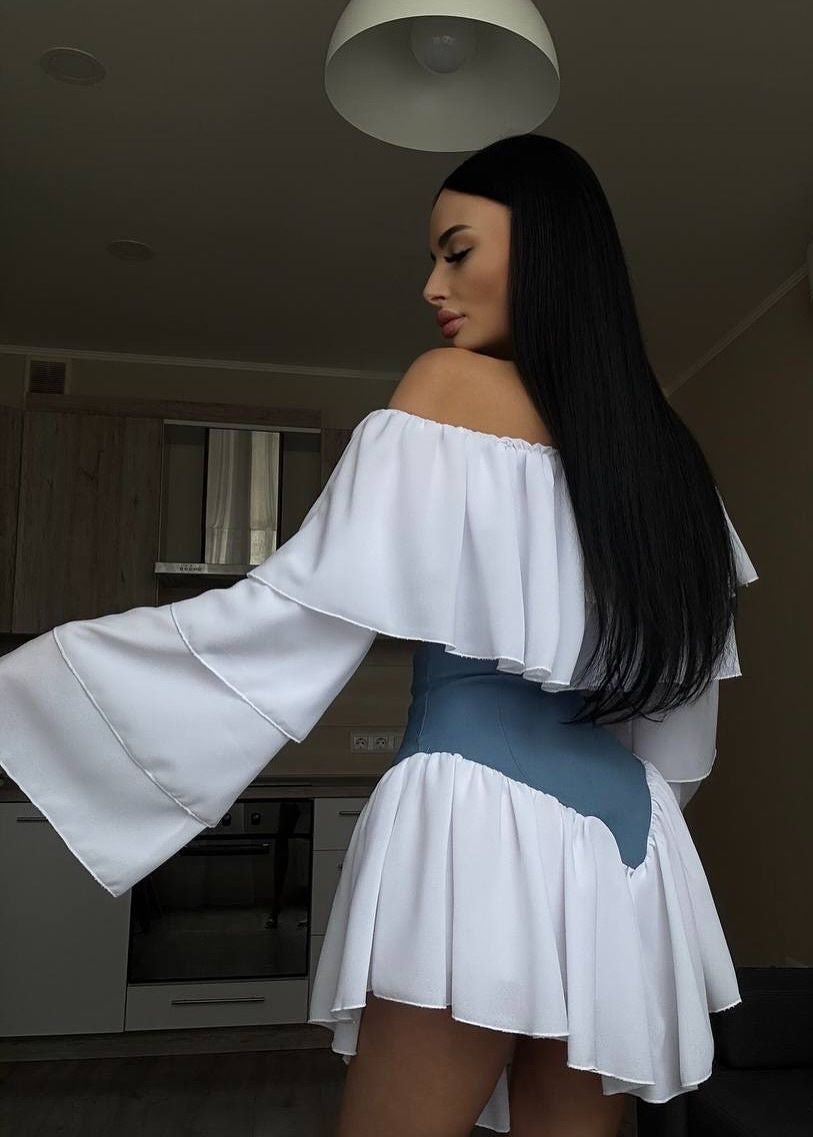 Celestina – Off-Shoulder Ruffle Sleeve Two-Tone Mini Dress