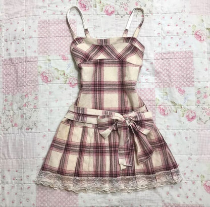 Beige Coquette Plaid Pleated Mini Dress