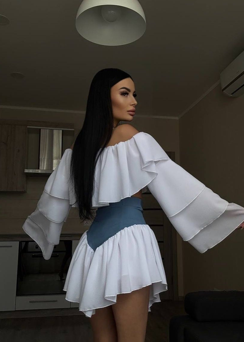 Celestina – Off-Shoulder Ruffle Sleeve Two-Tone Mini Dress