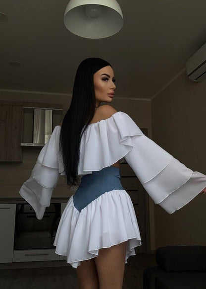 Celestina – Off-Shoulder Ruffle Sleeve Two-Tone Mini Dress