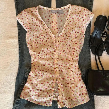 Meadow Bloom Button-Front Cap Sleeve Blouse