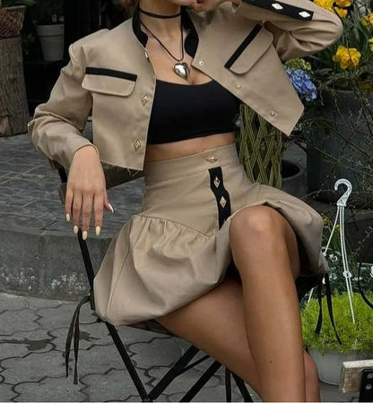 Patchwork Button Crop Skirt Suit