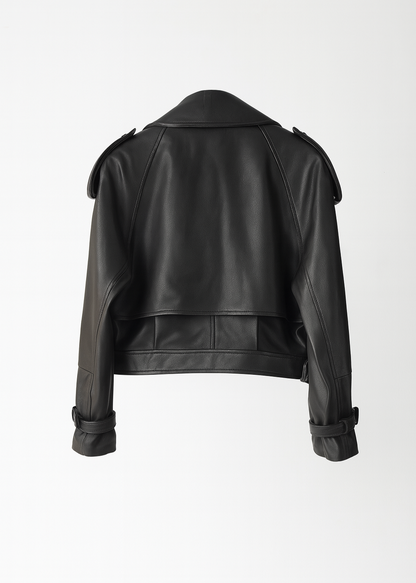 Cropped Faux Leather Biker Jacket - Belted Moto Style