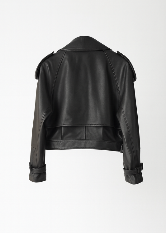 Cropped Faux Leather Biker Jacket - Belted Moto Style