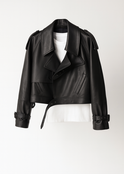 Cropped Faux Leather Biker Jacket - Belted Moto Style