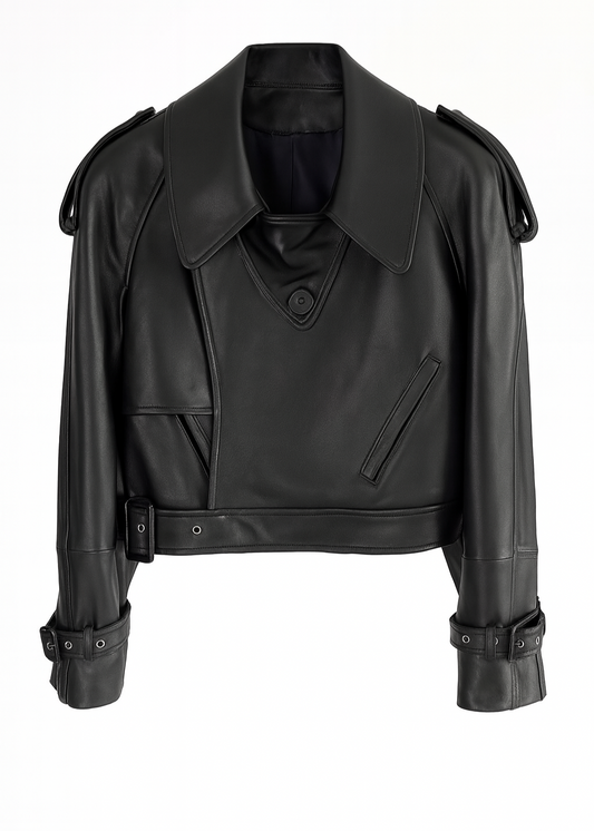 Cropped Faux Leather Biker Jacket - Belted Moto Style