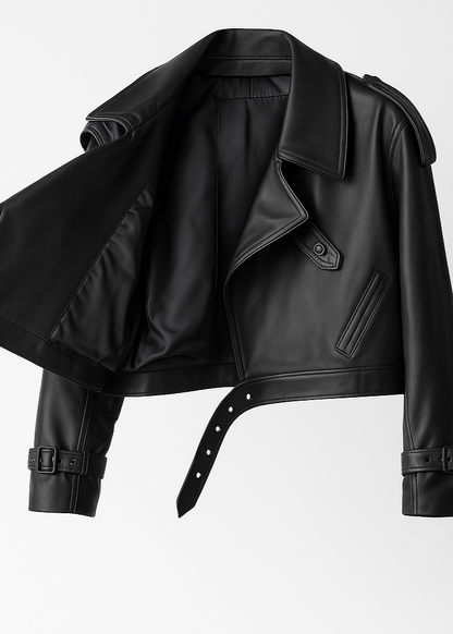 Cropped Faux Leather Biker Jacket - Belted Moto Style