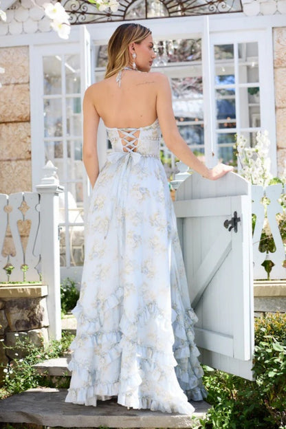 Floral Faux Pearl Ruffle Elegant Maxi Dress