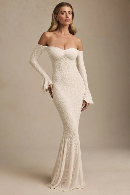 Ivory Ruffled Off-The-Shoulder Lace Maxi Dress