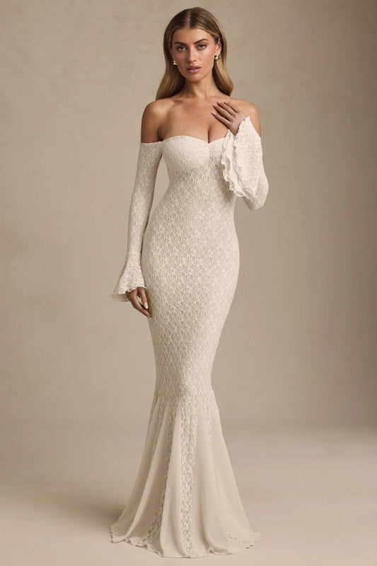 Ivory Ruffled Off-The-Shoulder Lace Maxi Dress