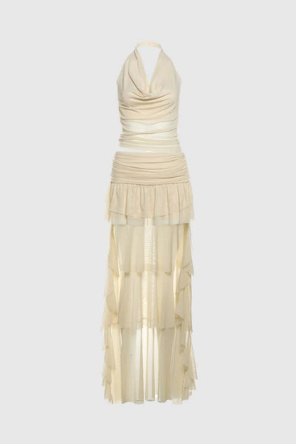 Ruffle Mesh Cowl Neck Skirt Set