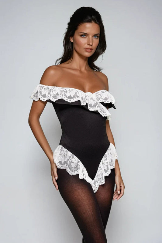 Off-the-shoulder lace crossover bodysuit