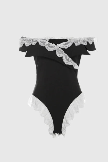 Off-the-shoulder lace crossover bodysuit
