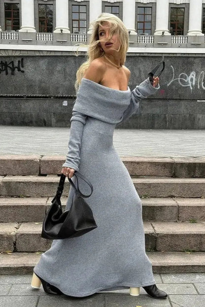 Boat Neck Sweater Knitted Maxi Dress