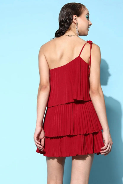 Red One Shoulder Pleated Tiered Sheath Mini Dress