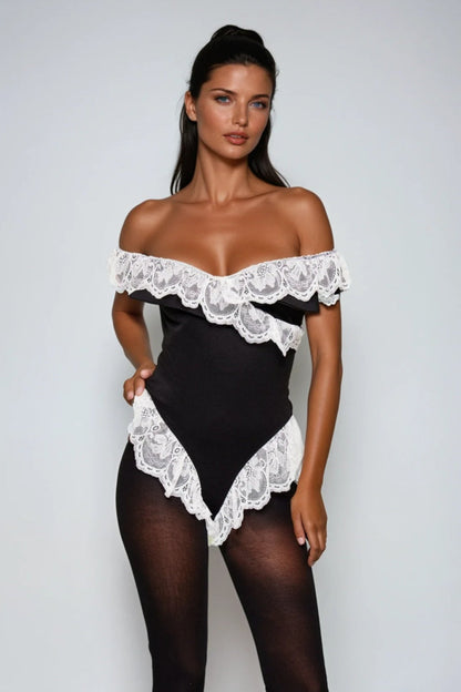 Off-the-shoulder lace crossover bodysuit