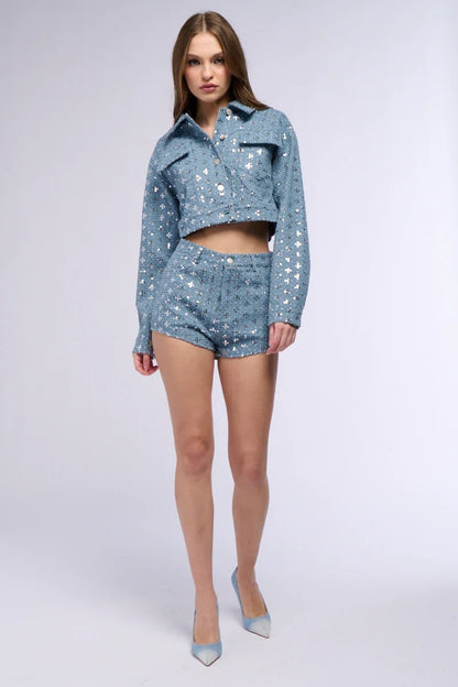Textured Sequined Denim Mini Set
