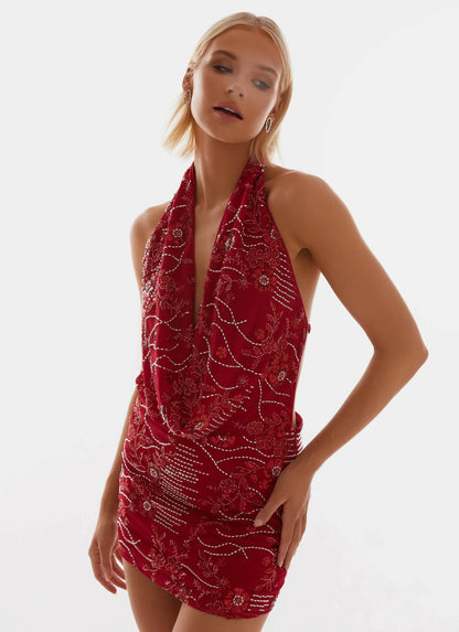 Maeve - Cowl Beaded Mini Dress