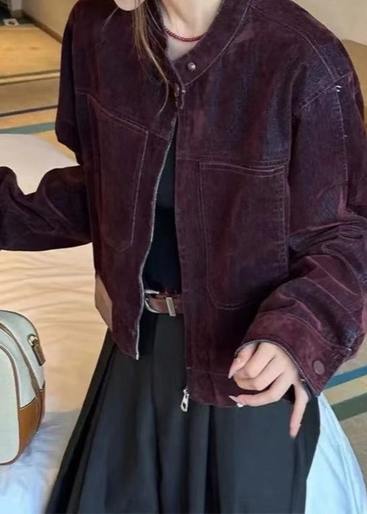 Aubergine Cord Jacket – Vintage-Inspired Zip-Up in Washed Velvet