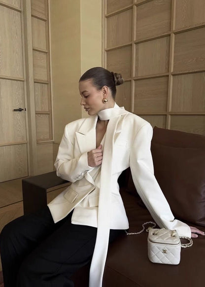 Sculpted Satin Blazer - White Tailored Jacket with Neck Sash
