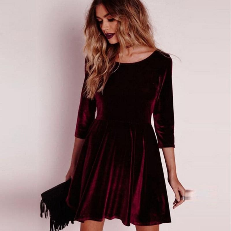 DressBetty - Women Swing Hem Velvet Long Sleeve Slim Dress