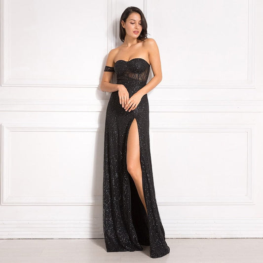 DressBetty - Off Shoulder Glitters Floor Length Split Party Dress