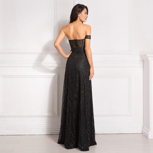 DressBetty - Off Shoulder Glitters Floor Length Split Party Dress