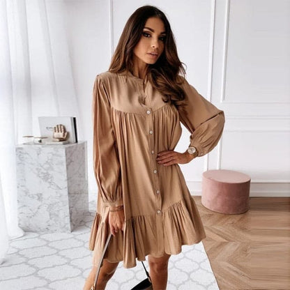 DressBetty - Women Vintage Ruffled Front Button A-line Dress Long Sleeve Stand Collar Solid Elegant Casual Mini Dress Autumn New Dress