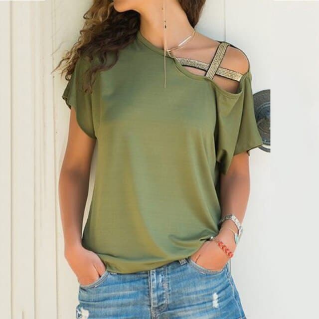 DressBetty - Skew Neck Irregular Criss Cross T-shirt
