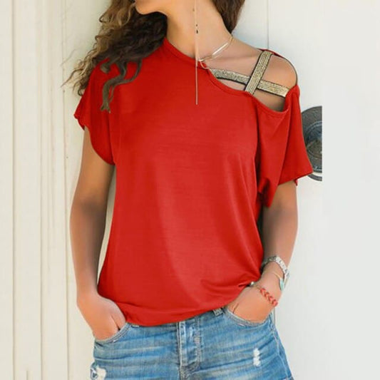 DressBetty - Skew Neck Irregular Criss Cross T-shirt