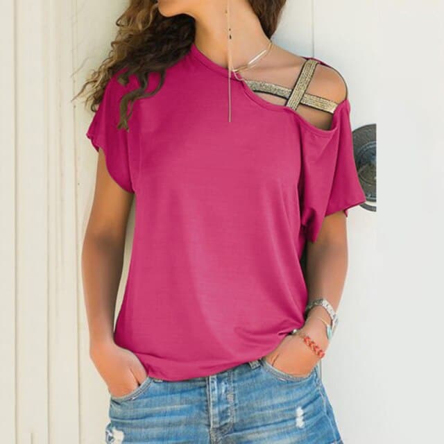 DressBetty - Skew Neck Irregular Criss Cross T-shirt