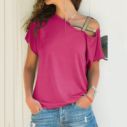 DressBetty - Skew Neck Irregular Criss Cross T-shirt