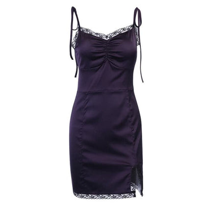 DressBetty - Sexy Spaghetti Straps Bodycon Gothic Black Dress Women Streetwear Black Lace Up Mini Female Dress Casual Purple Dress