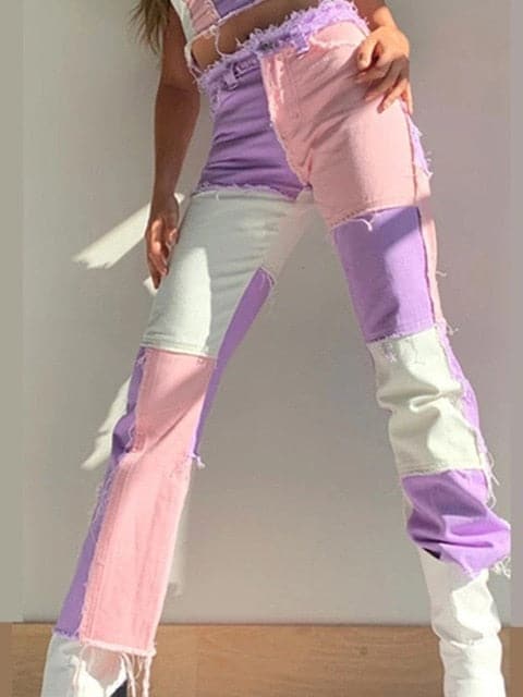 DressBetty - Women Striped Patchwork Jeans