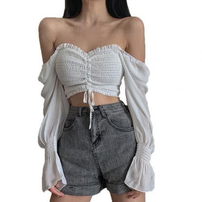 DressBetty - Women Tops And Bloues Sexy Women Long Sleeve Square Neck Shirt Drawstring Off Shoulder Blouse Crop Top